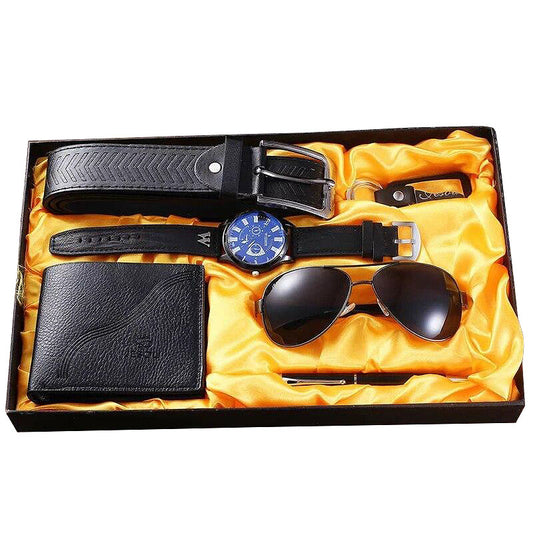 Men Large Dial Quartz Watch, Belt, Folding Wallet, Sunglasses, Keychain, and Ballpoint Pen Gift Set-Jewelry Sets-Innovato Design-Innovato Design