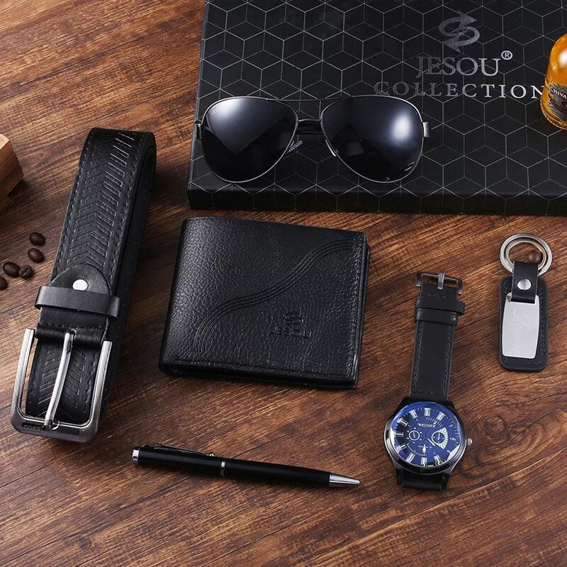 Men Large Dial Quartz Watch, Belt, Folding Wallet, Sunglasses, Keychain, and Ballpoint Pen Gift Set-Jewelry Sets-Innovato Design-Innovato Design