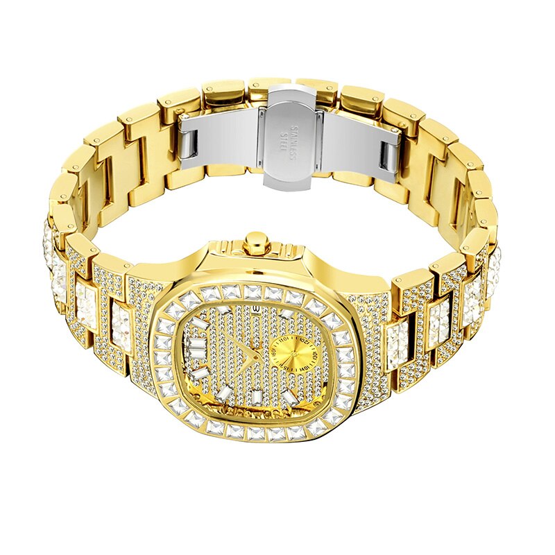 Waterproof Cubic-Zirconia-Studded Stainless Steel Band Fashion Hip-hop Quartz Watch-Watches-Innovato Design-Gold-Innovato Design