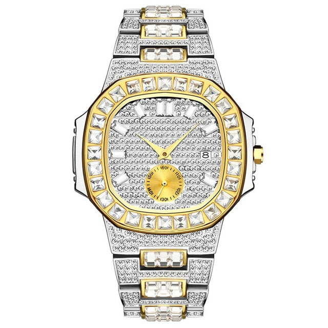 Waterproof Cubic-Zirconia-Studded Stainless Steel Band Fashion Hip-hop Quartz Watch-Watches-Innovato Design-Silver Gold-Innovato Design