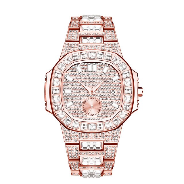 Waterproof Cubic-Zirconia-Studded Stainless Steel Band Fashion Hip-hop Quartz Watch-Watches-Innovato Design-Rose Gold-Innovato Design