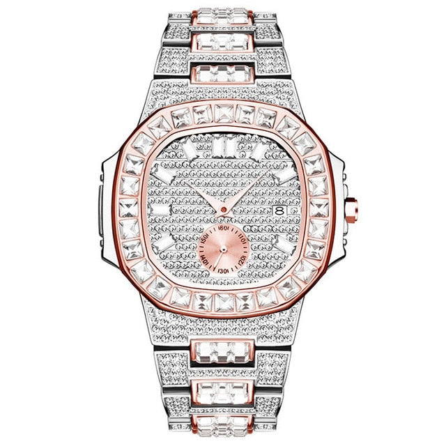 Waterproof Cubic-Zirconia-Studded Stainless Steel Band Fashion Hip-hop Quartz Watch-Watches-Innovato Design-Silver Rose Gold-Innovato Design