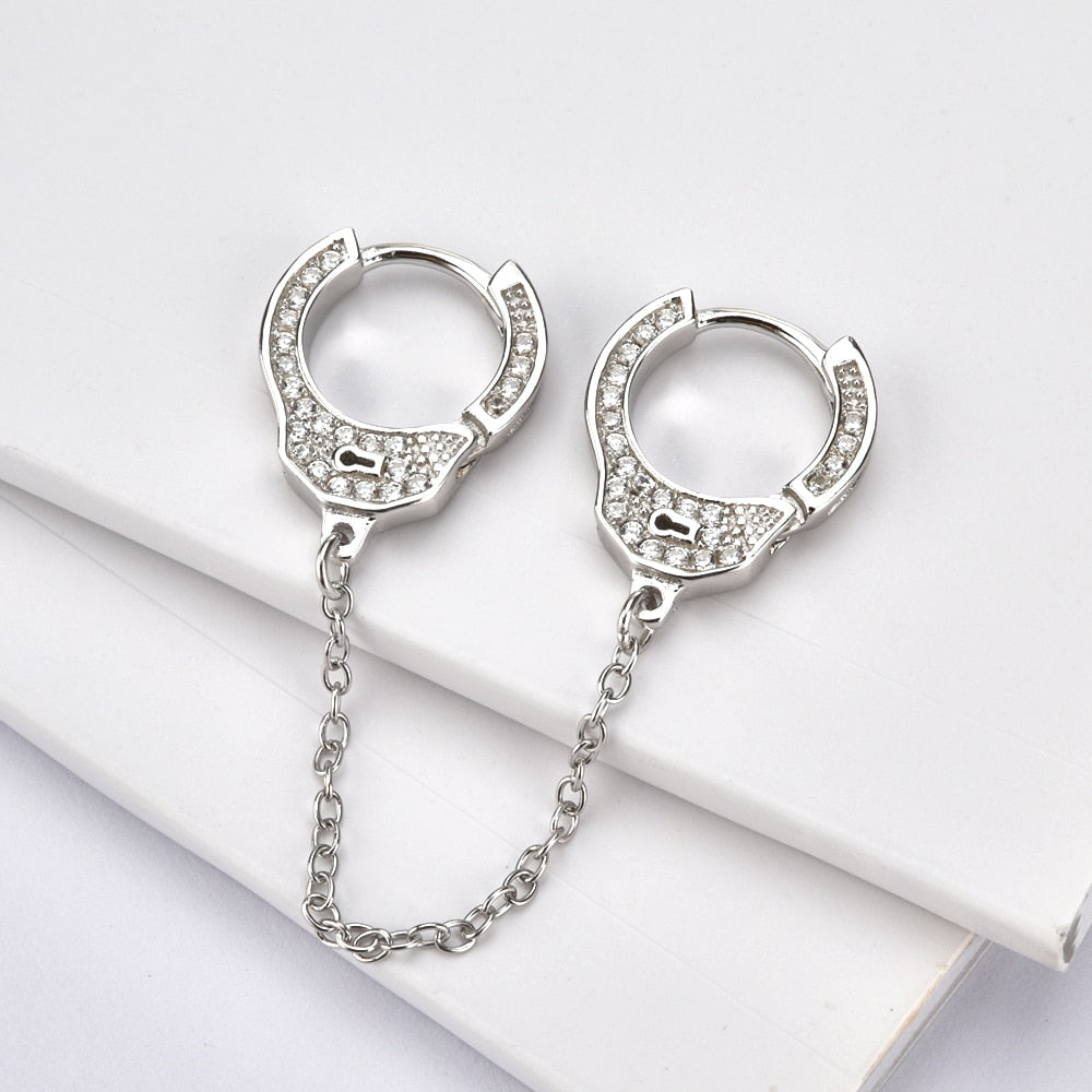 Double-Sided Cubic Zirconia Handcuffs 925 Sterling Silver Link Chain Loop Earrings-Earrings-Innovato Design-Rose Gold-Innovato Design