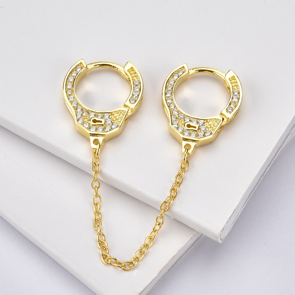 Double-Sided Cubic Zirconia Handcuffs 925 Sterling Silver Link Chain Loop Earrings-Earrings-Innovato Design-Rose Gold-Innovato Design