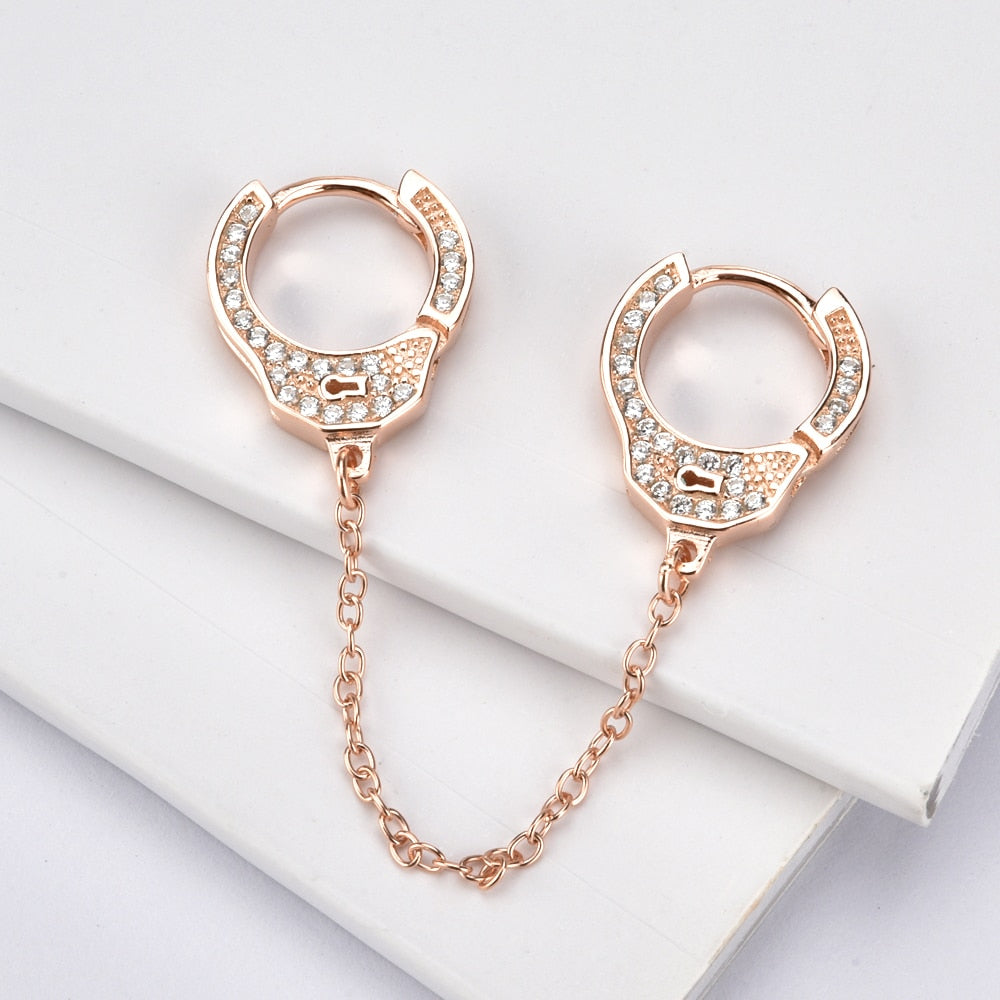 Double-Sided Cubic Zirconia Handcuffs 925 Sterling Silver Link Chain Loop Earrings-Earrings-Innovato Design-Rose Gold-Innovato Design