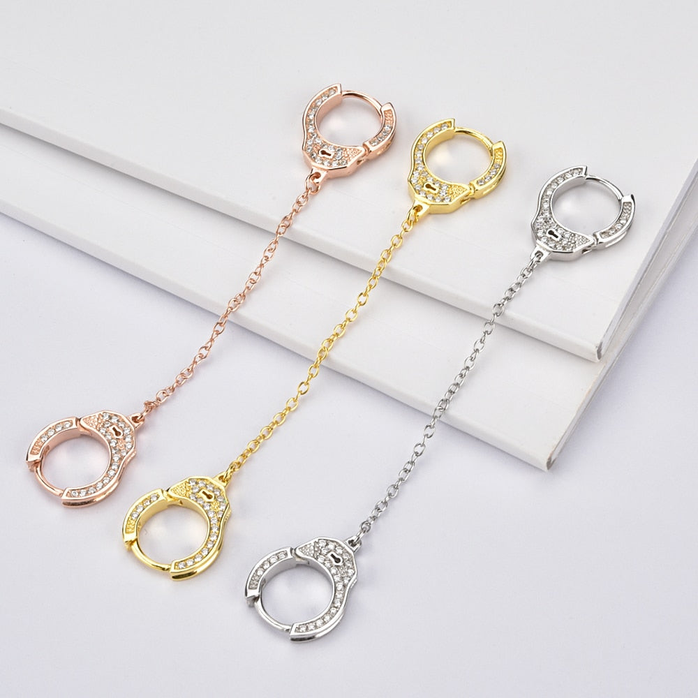 Double-Sided Cubic Zirconia Handcuffs 925 Sterling Silver Link Chain Loop Earrings-Earrings-Innovato Design-Rose Gold-Innovato Design