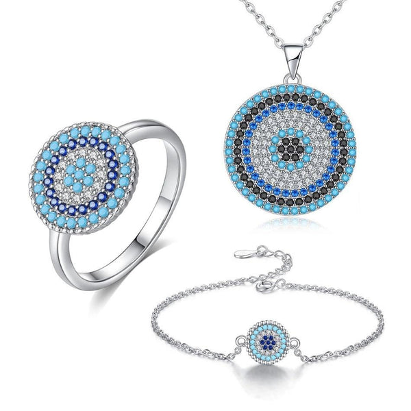 Evil Eye Blue Cubic Zirconia 925 Sterling Silver Necklace, Tennis Bracelet, and Ring Jewelry Set-Jewelry Sets-Innovato Design-6-Innovato Design