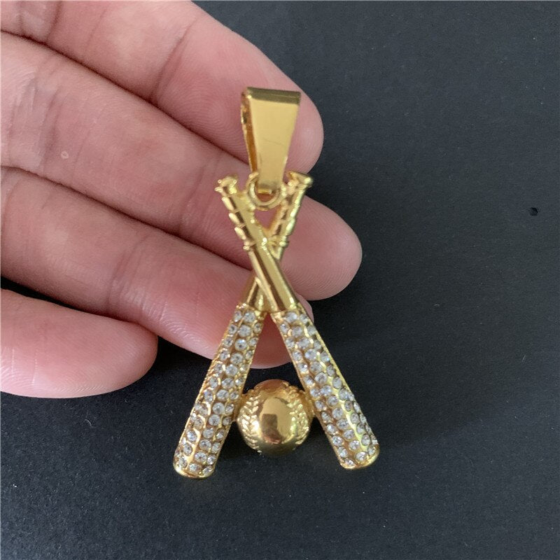 Gemstone-Studded Gold-Plated Baseball Bling Stainless Steel Hip-hop Pendant Necklace-Necklaces-Innovato Design-Innovato Design