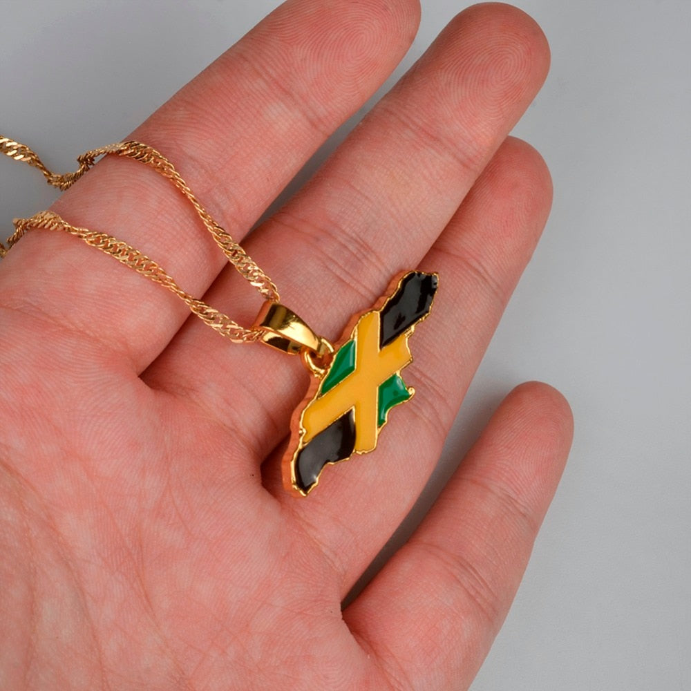 Gold-Plated Jamaica Map and National Flag Pendant Necklace-Necklaces-Innovato Design-16inch-Innovato Design