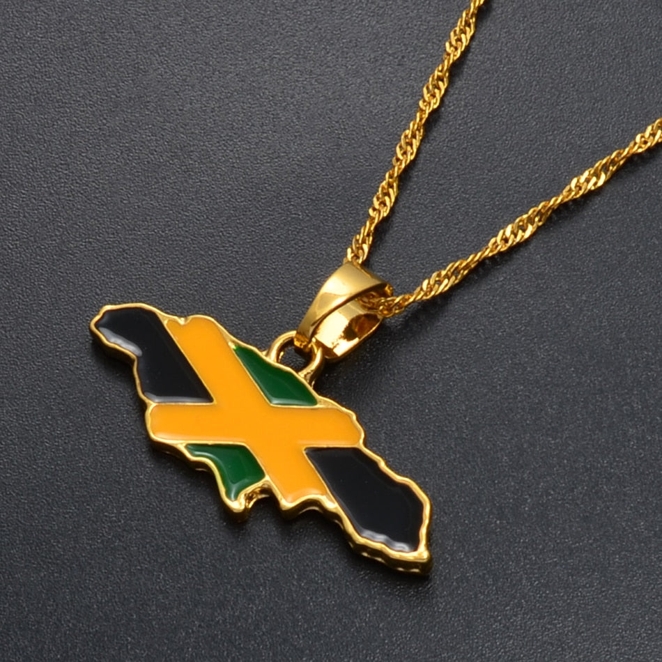 Gold-Plated Jamaica Map and National Flag Pendant Necklace-Necklaces-Innovato Design-16inch-Innovato Design