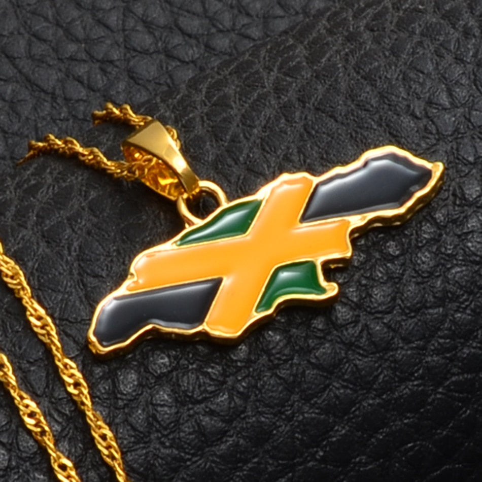 Gold-Plated Jamaica Map and National Flag Pendant Necklace-Necklaces-Innovato Design-16inch-Innovato Design