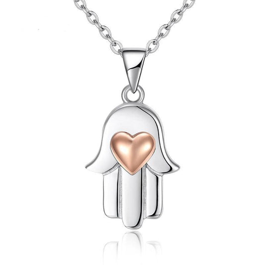 Lucky Hamsa Hand with Rose Gold Heart 925 Sterling Silver Pendant Necklace-Necklace-Innovato Design-Innovato Design