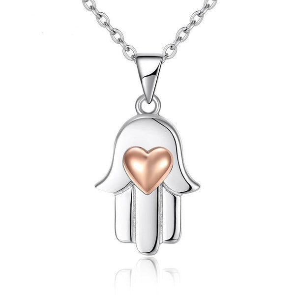 Lucky Hamsa Hand with Rose Gold Heart 925 Sterling Silver Pendant Necklace