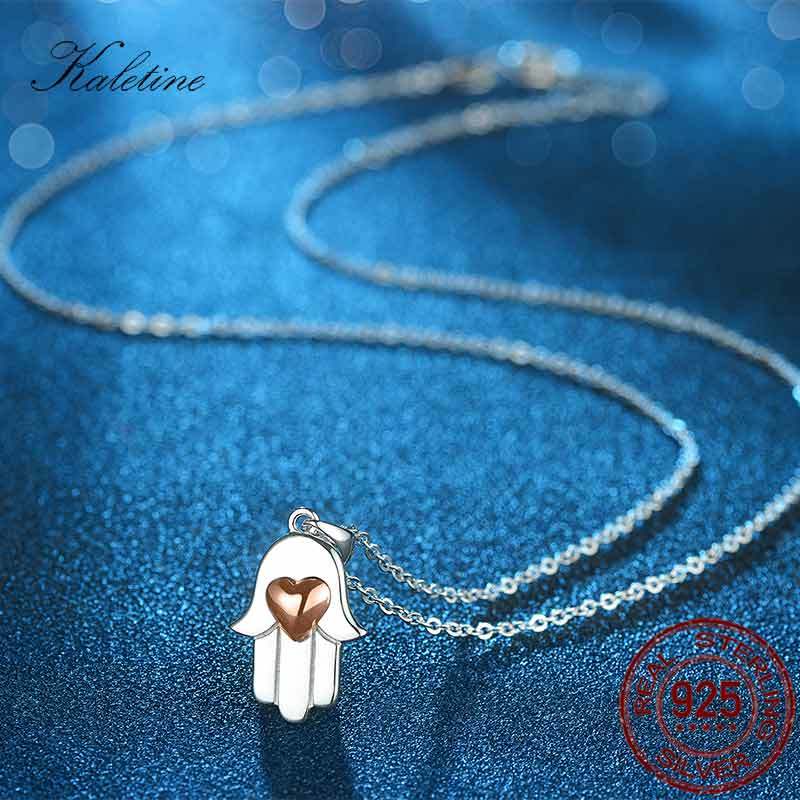 Lucky Hamsa Hand with Rose Gold Heart 925 Sterling Silver Pendant Necklace-Necklace-Innovato Design-Innovato Design