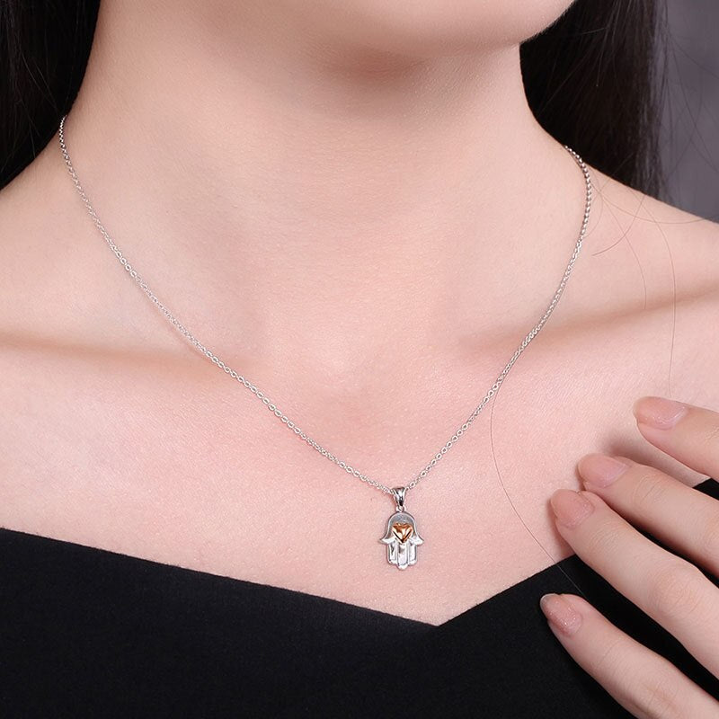 Lucky Hamsa Hand with Rose Gold Heart 925 Sterling Silver Pendant Necklace-Necklace-Innovato Design-Innovato Design