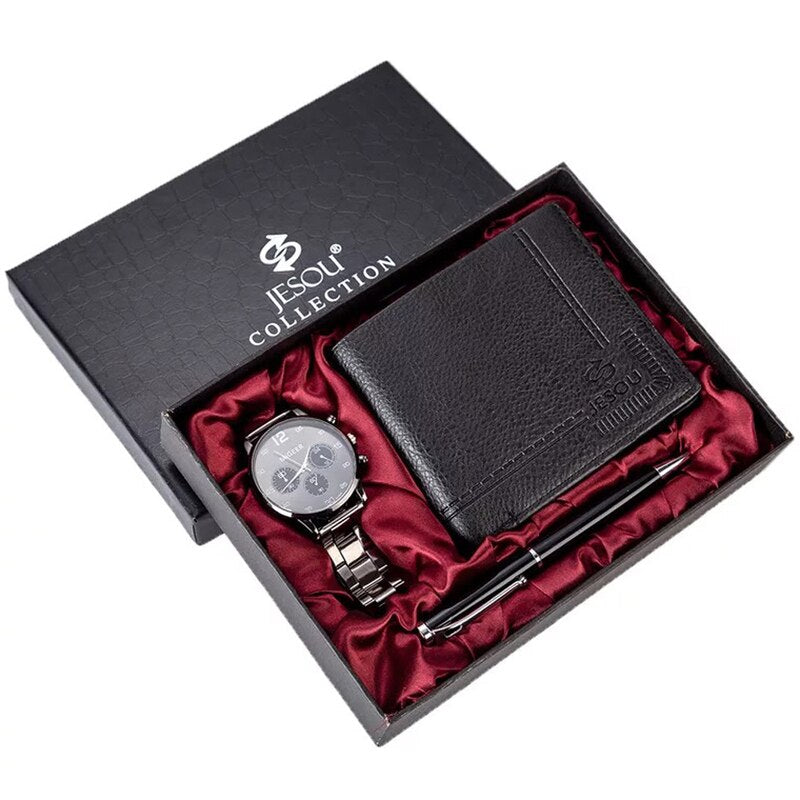 Men Stainless Steel Band Quartz Watch, Folding Wallet, and Ballpoint Pen Gift Set-Jewelry Sets-Innovato Design-Innovato Design