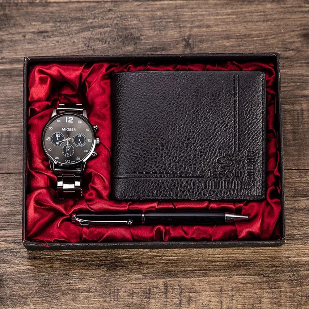 Men Stainless Steel Band Quartz Watch, Folding Wallet, and Ballpoint Pen Gift Set-Jewelry Sets-Innovato Design-Innovato Design