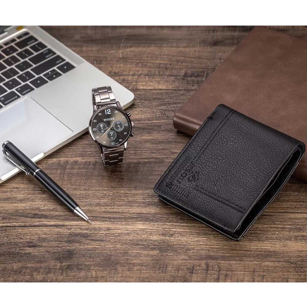 Men Stainless Steel Band Quartz Watch, Folding Wallet, and Ballpoint Pen Gift Set-Jewelry Sets-Innovato Design-Innovato Design