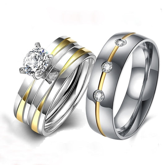 Gold and Silver Cubic Zirconia Stainless Steel Wedding Ring Set-Couple Rings-Innovato Design-6-5-Innovato Design