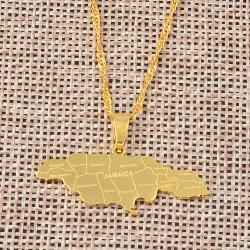 Gold/Silver-Plated Jamaica Map with City Stainless Steel Pendant Necklace-Necklaces-Innovato Design-Gold-15.75in-Innovato Design