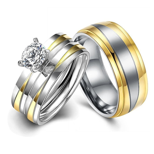 Gold and Silver Cubic Zirconia Stainless Steel Wedding Ring Set-Couple Rings-Innovato Design-6-5-Innovato Design