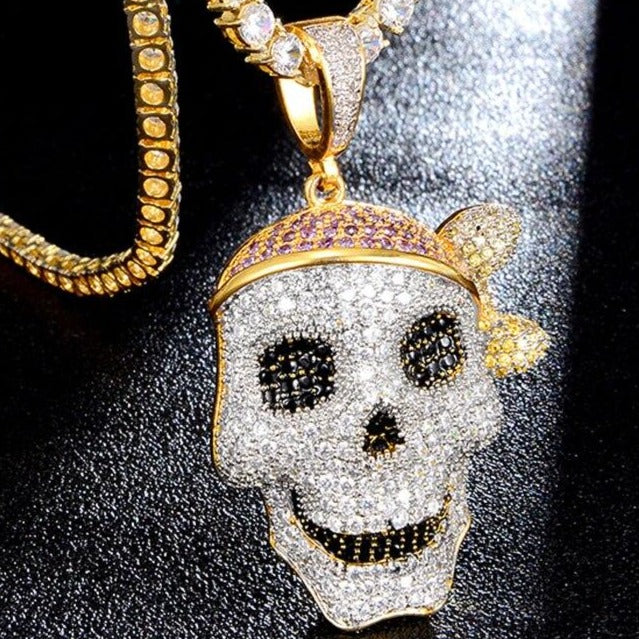 Cubic-Zirconia-Studded Pirate Skull Bling Hip-hop Pendant Necklace-Necklaces-Innovato Design-4mm Tennis-24inch-Innovato Design
