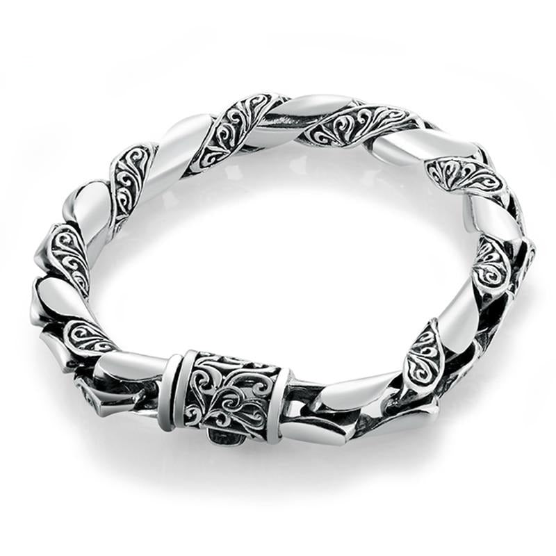 High Polished Embossed Auspicious Flowers 925 Sterling Silver Handmade Vintage Punk Bracelet-Bracelets-Innovato Design-7.09in-Innovato Design