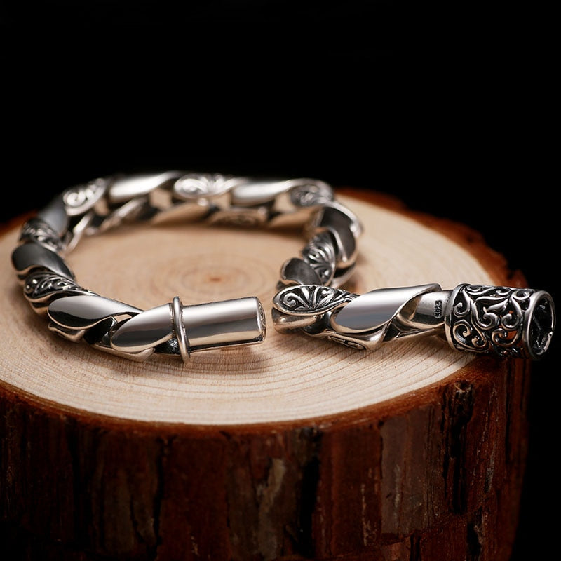 High Polished Embossed Auspicious Flowers 925 Sterling Silver Handmade Vintage Punk Bracelet-Bracelets-Innovato Design-7.09in-Innovato Design