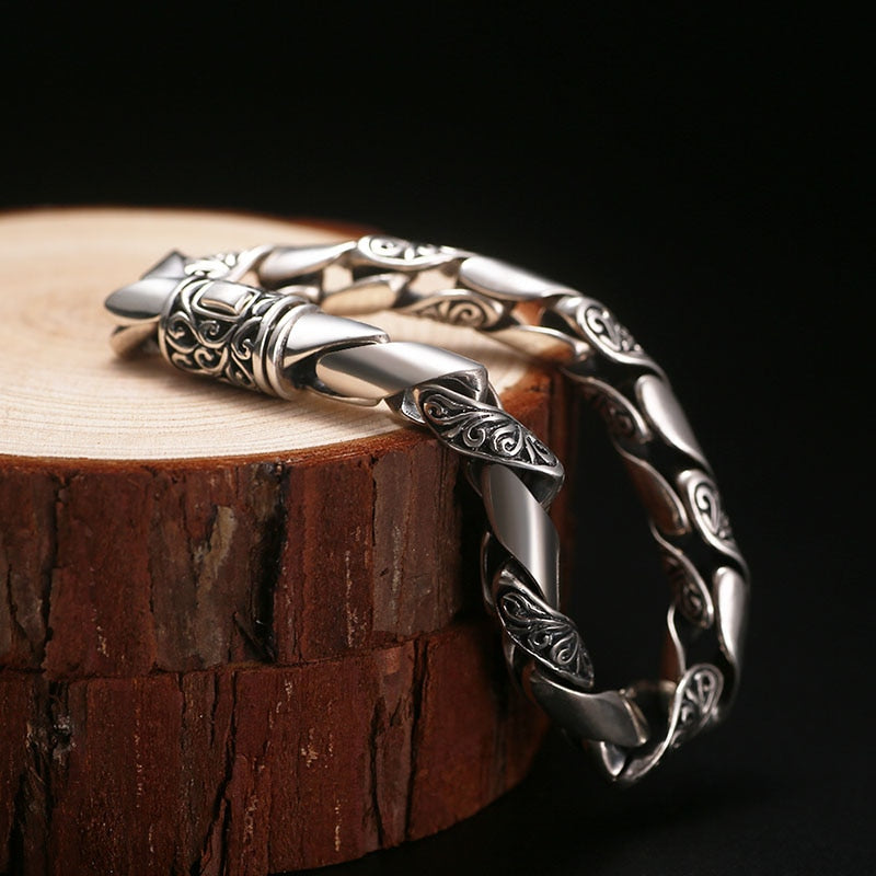 High Polished Embossed Auspicious Flowers 925 Sterling Silver Handmade Vintage Punk Bracelet-Bracelets-Innovato Design-7.09in-Innovato Design