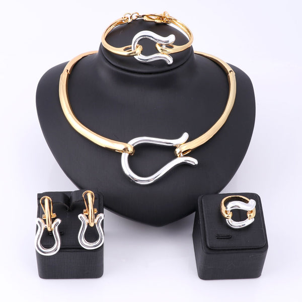Omega African Gold and Silver Color Necklace, Bracelet, Earrings & Ring Wedding Jewelry Set