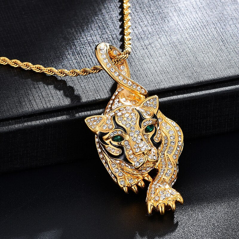 Gemstone-Studded Gold-Plated Tiger Bling Stainless Steel Hip-hop Pendant Necklace-Necklaces-Innovato Design-Innovato Design