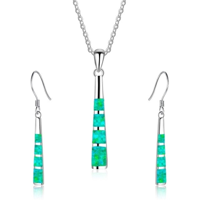 Long Column Shape Fire Opal Necklace & Earrings Trendy Fashion Jewelry Set-Jewelry Sets-Innovato Design-Green-Innovato Design