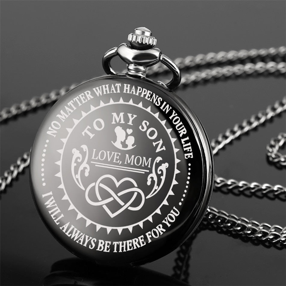 "To My Son Love Mom" Black Antique White Dial Roman Numerals Chain Link Quartz Pocket Watch-Pocket Watch-Innovato Design-Alfa-Innovato Design