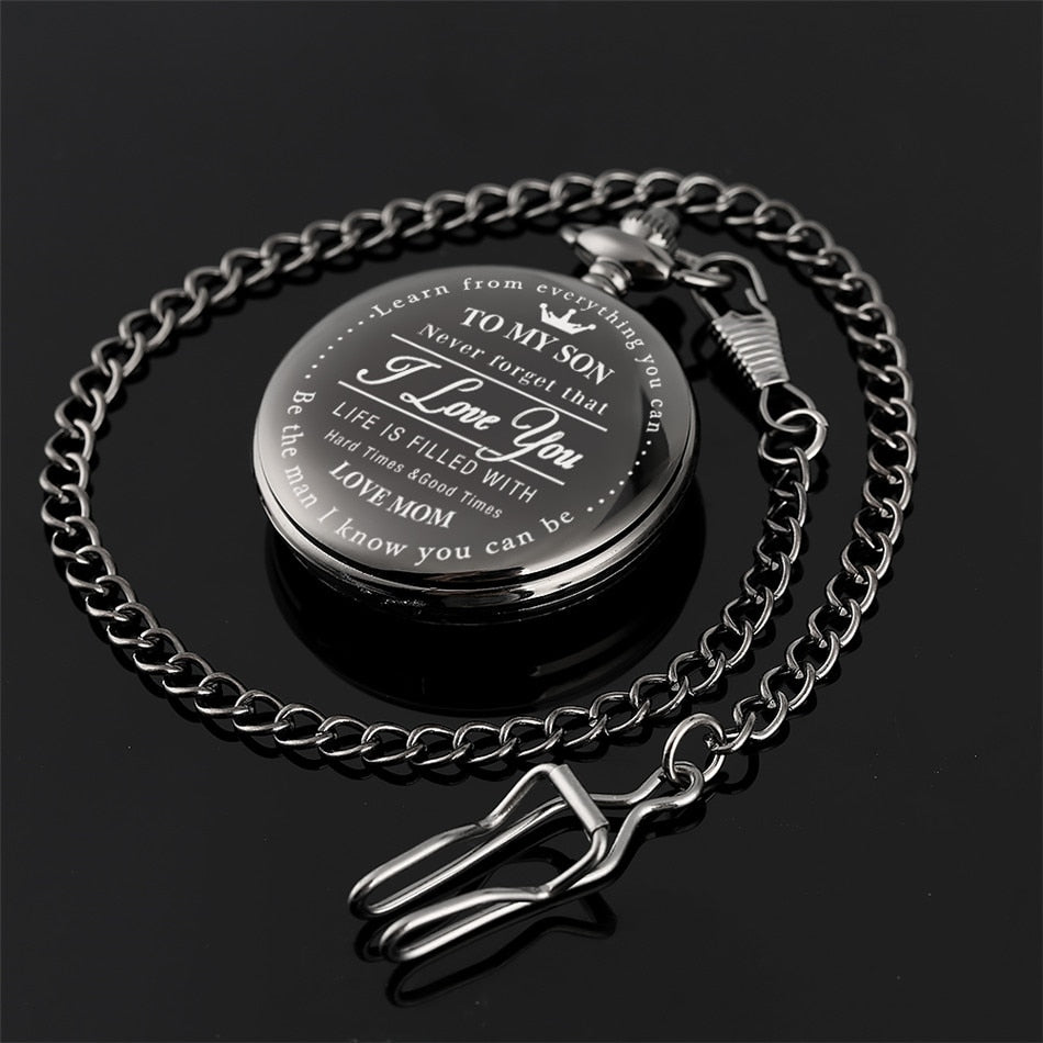 "To My Son Love Mom" Black Antique White Dial Roman Numerals Chain Link Quartz Pocket Watch-Pocket Watch-Innovato Design-Alfa-Innovato Design