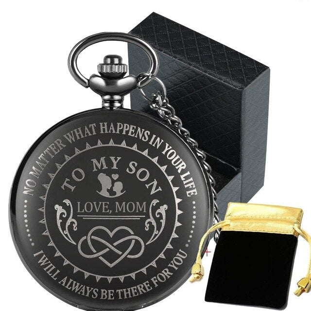"To My Son Love Mom" Black Antique White Dial Roman Numerals Chain Link Quartz Pocket Watch-Pocket Watch-Innovato Design-Beta-Innovato Design