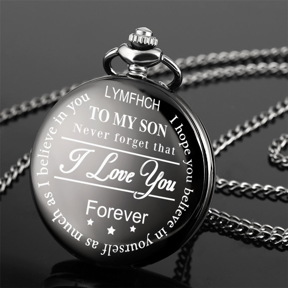 "To My Son Love Mom" Black Antique White Dial Roman Numerals Chain Link Quartz Pocket Watch-Pocket Watch-Innovato Design-Alfa-Innovato Design