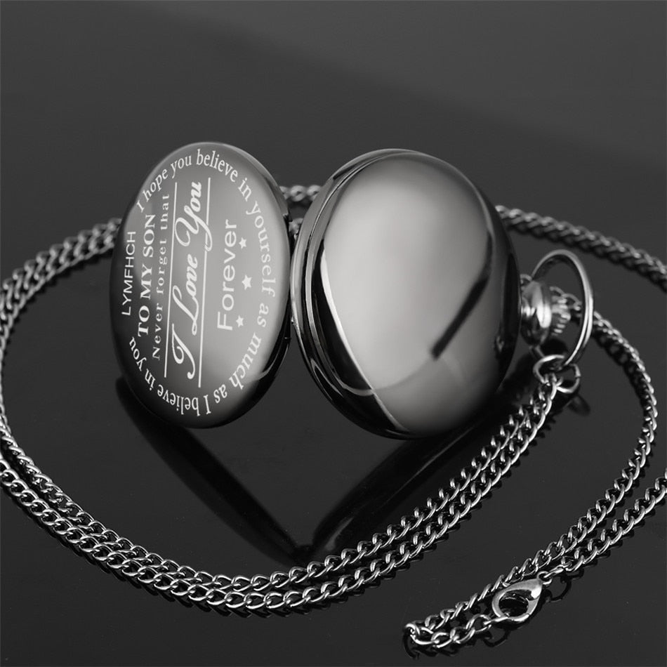 "To My Son Love Mom" Black Antique White Dial Roman Numerals Chain Link Quartz Pocket Watch-Pocket Watch-Innovato Design-Alfa-Innovato Design