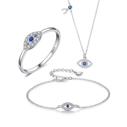 Turkish Evil Eye Blue Cubic Zirconia 925 Sterling Silver Necklace, Bracelet, and Ring Jewelry Set-Jewelry Sets-Innovato Design-6-Innovato Design