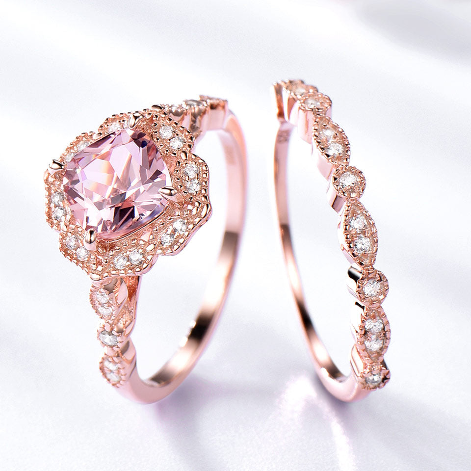 Morganite and Cubic Zirconia 925 Sterling Silver Vintage Wedding Ring-Rings-Innovato Design-4-Innovato Design
