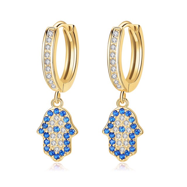 Lucky Blue Eye Hamsa Hand Cubic Zirconia 925 Sterling Silver Turkish Drop Earrings-Necklaces-Innovato Design-Gold-Innovato Design