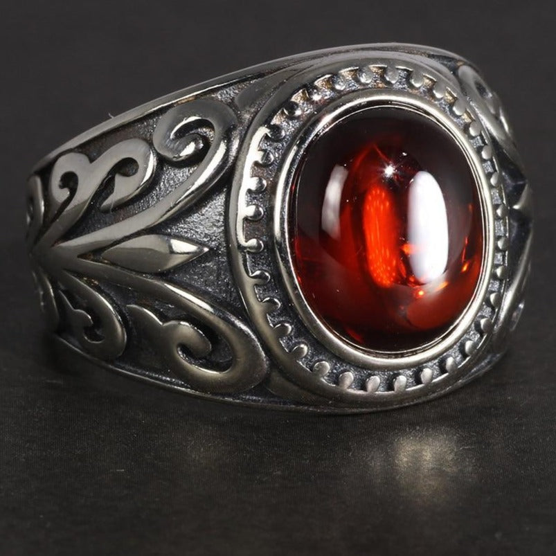 Natural Red Garnet Stone and Engraved Flowers 925 Sterling Silver Vintage Ring-Rings-Innovato Design-7-Innovato Design