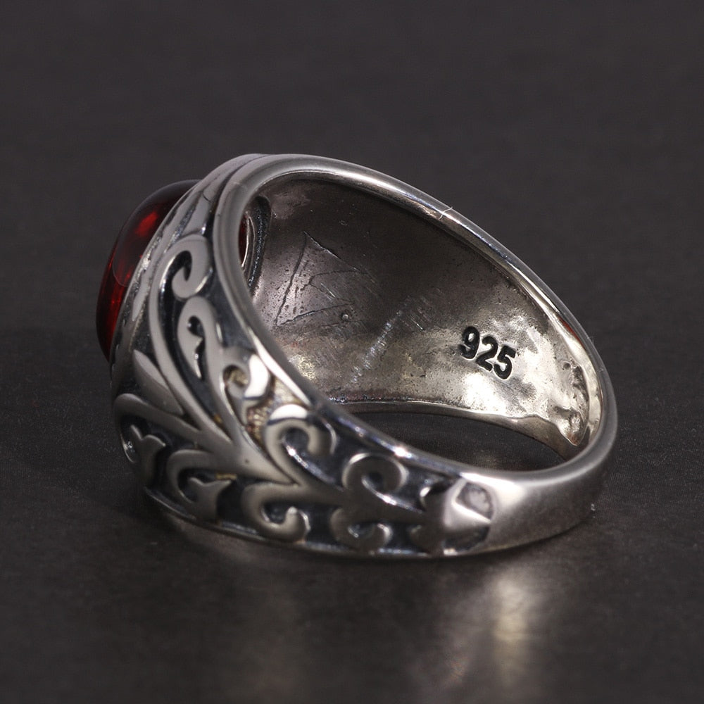 Natural Red Garnet Stone and Engraved Flowers 925 Sterling Silver Vintage Ring-Rings-Innovato Design-7-Innovato Design