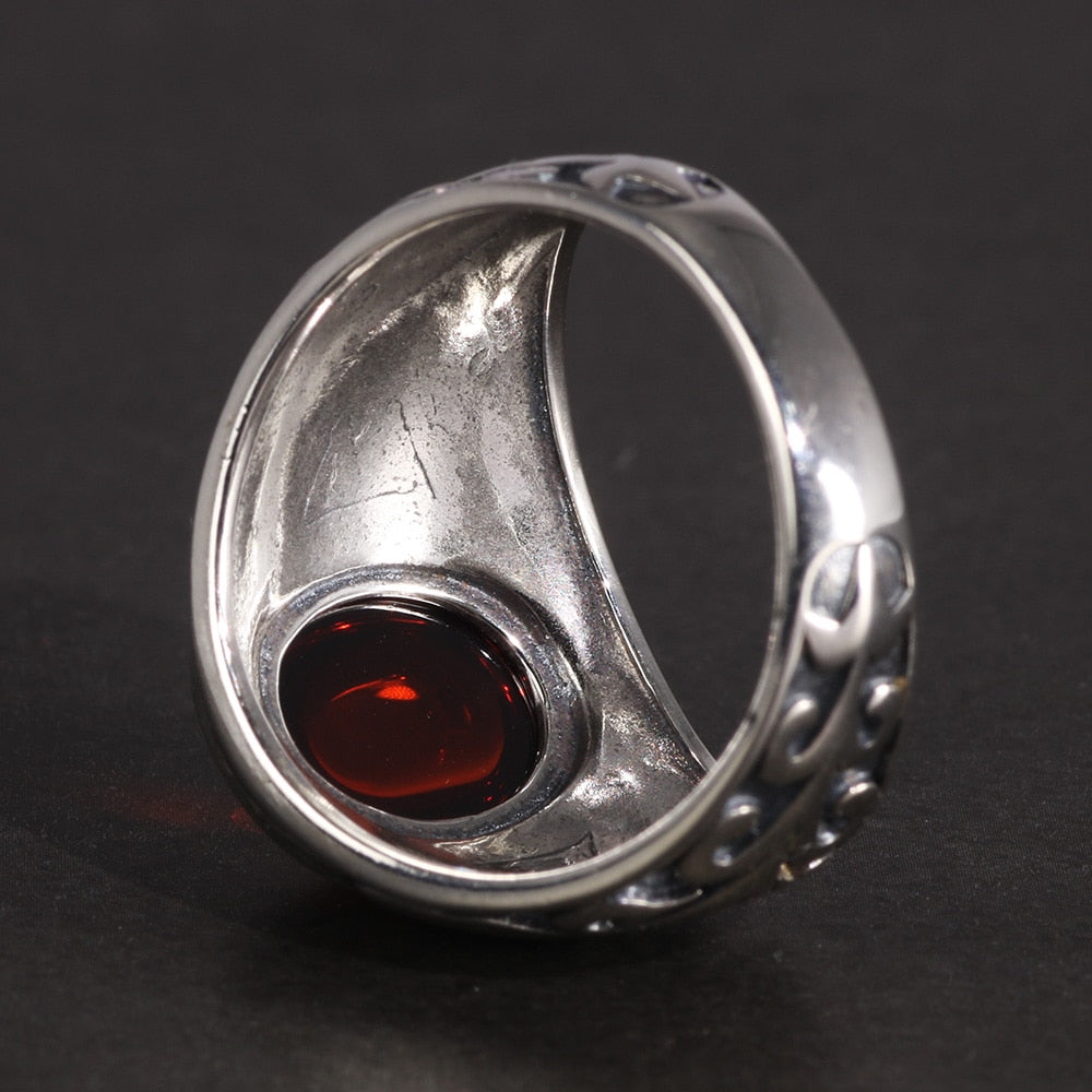 Natural Red Garnet Stone and Engraved Flowers 925 Sterling Silver Vintage Ring-Rings-Innovato Design-7-Innovato Design