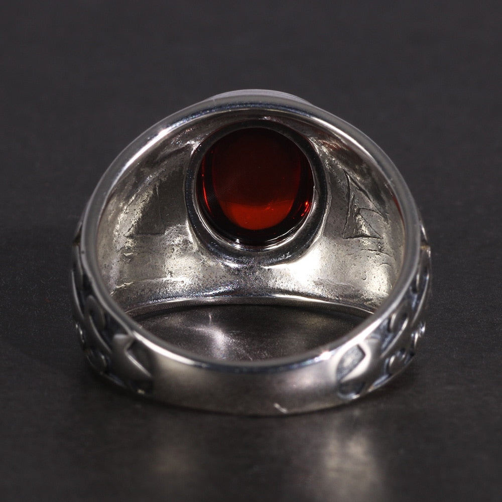 Natural Red Garnet Stone and Engraved Flowers 925 Sterling Silver Vintage Ring-Rings-Innovato Design-7-Innovato Design