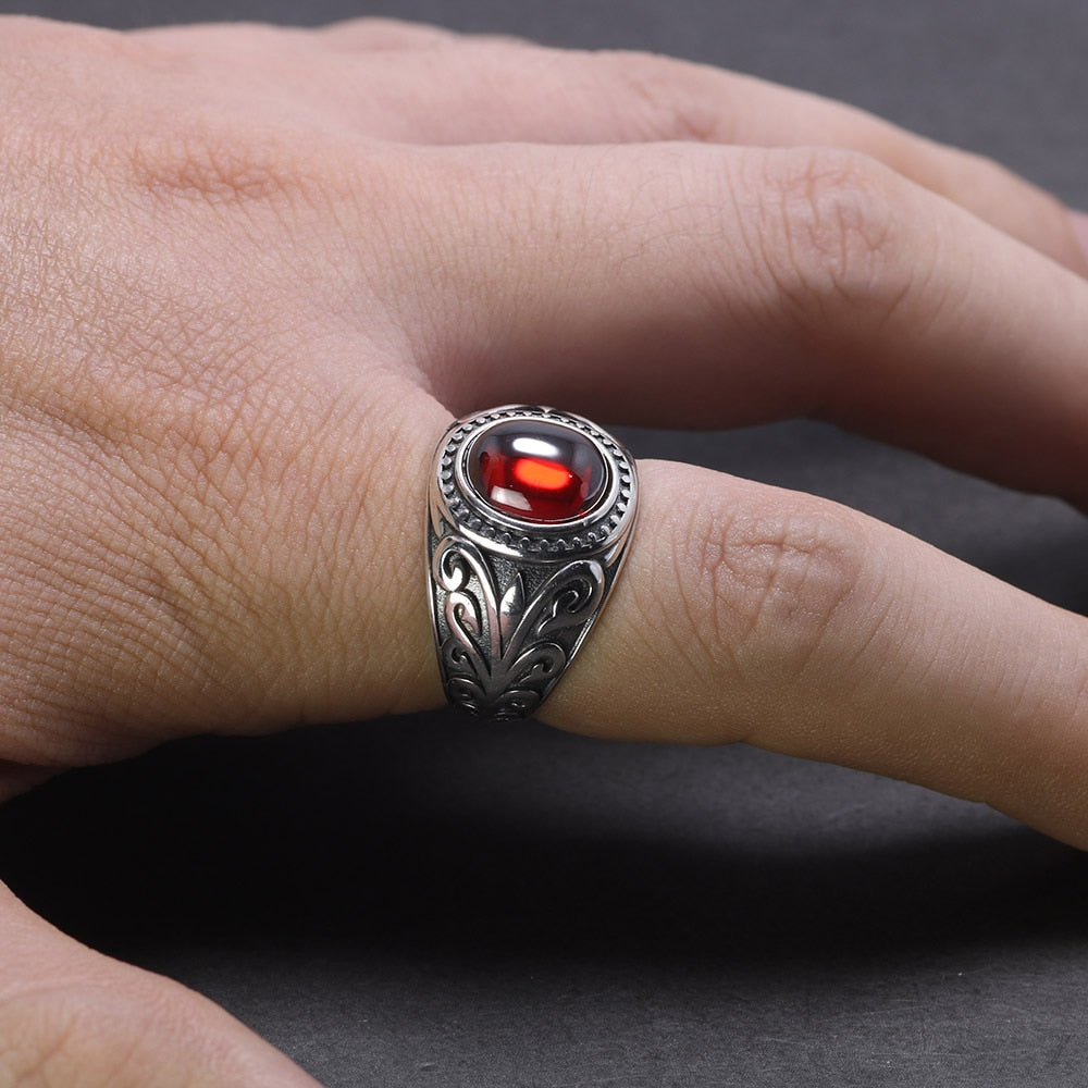 Natural Red Garnet Stone and Engraved Flowers 925 Sterling Silver Vintage Ring-Rings-Innovato Design-7-Innovato Design