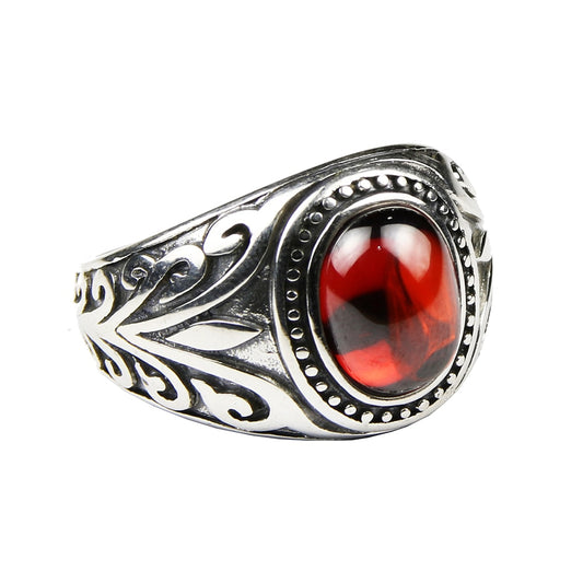 Natural Red Garnet Stone and Engraved Flowers 925 Sterling Silver Vintage Ring-Rings-Innovato Design-7-Innovato Design