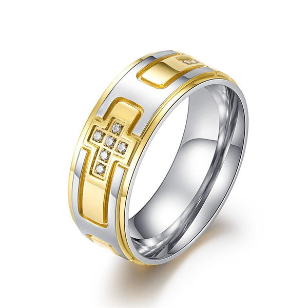 Two-Tone Cross Crystal Zirconia Titanium Punk Ring-Rings-Innovato Design-Gold-9-Innovato Design