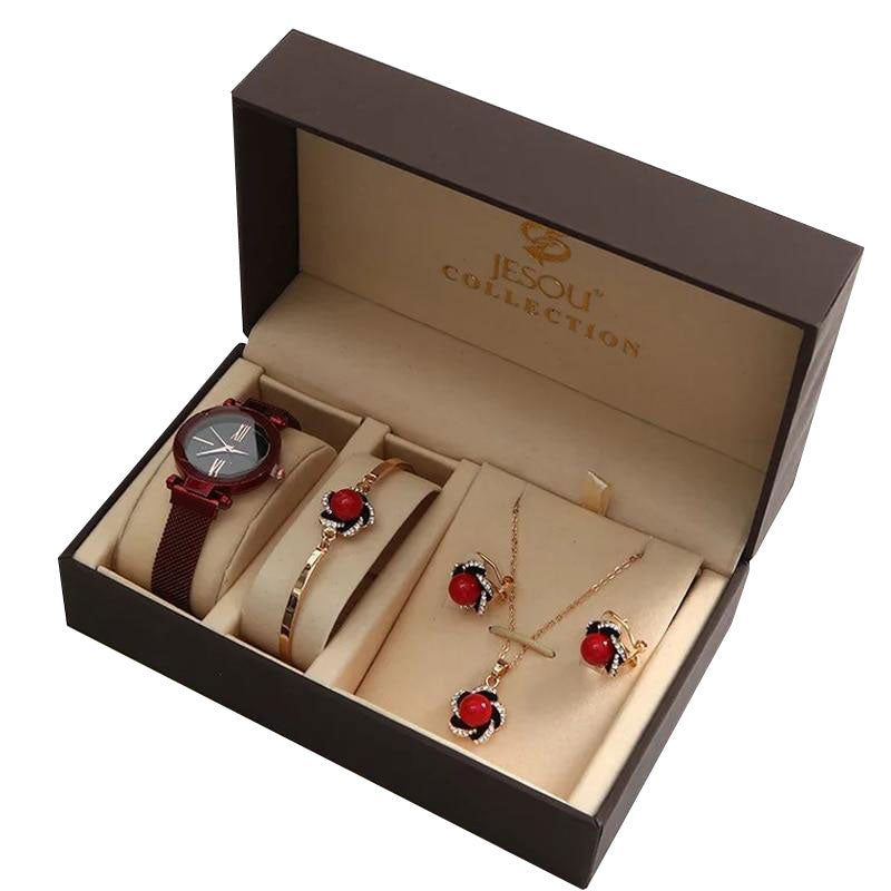 Women Fashion Quartz Watch and Diamond Bracelet, Earrings & Necklace Jewelry Set-Jewelry Sets-Innovato Design-Red-Innovato Design