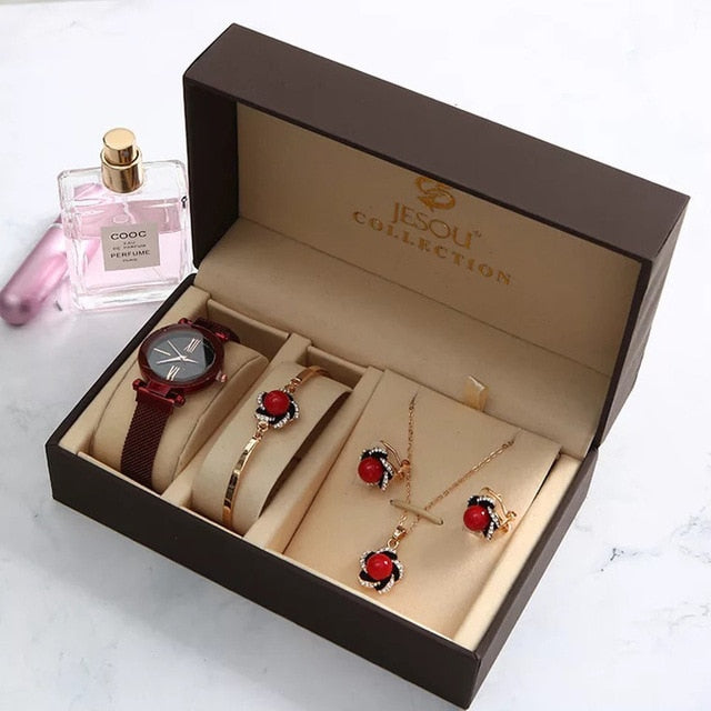 Women Fashion Quartz Watch and Diamond Bracelet, Earrings & Necklace Jewelry Set-Jewelry Sets-Innovato Design-Red-Innovato Design