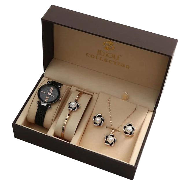 Women Fashion Quartz Watch and Diamond Bracelet, Earrings & Necklace Jewelry Set-Jewelry Sets-Innovato Design-White-Innovato Design